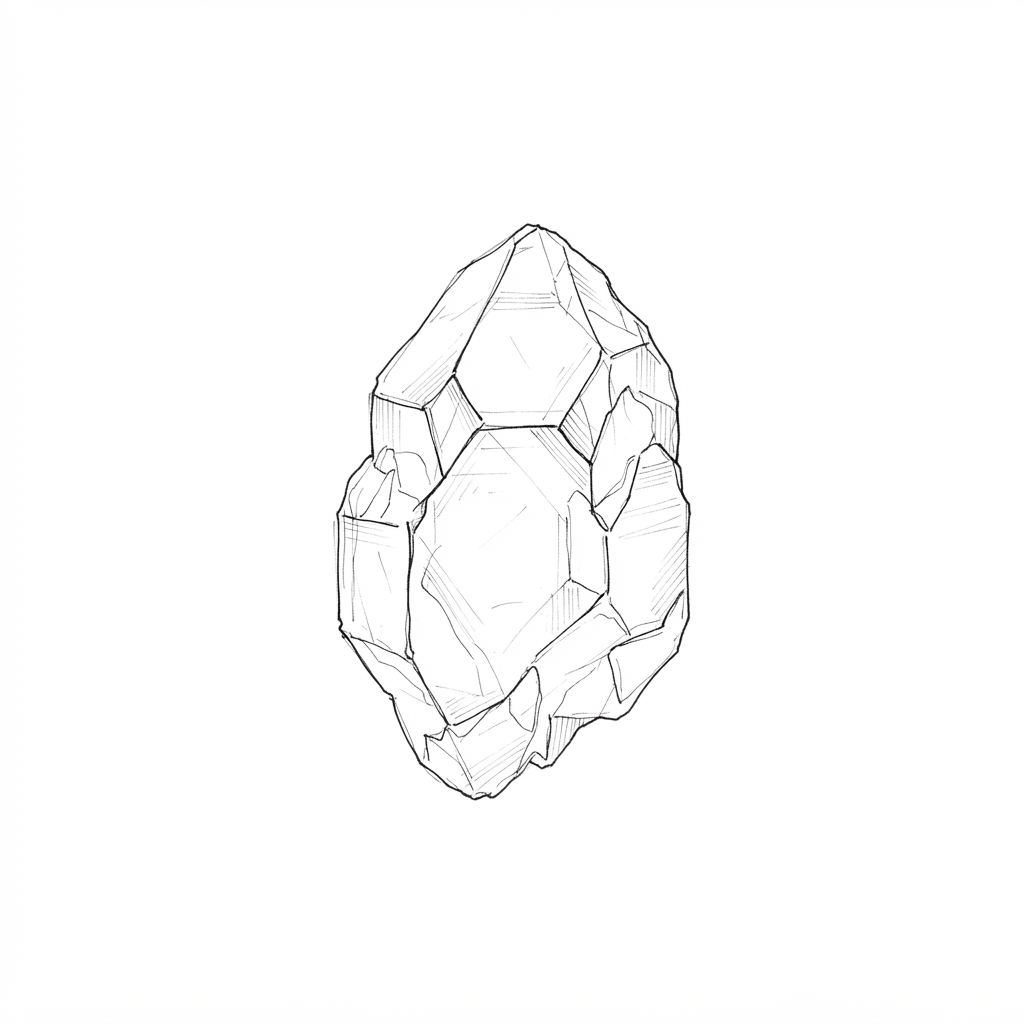 A hand-drawn ink sketch of a faceted mineral crystal