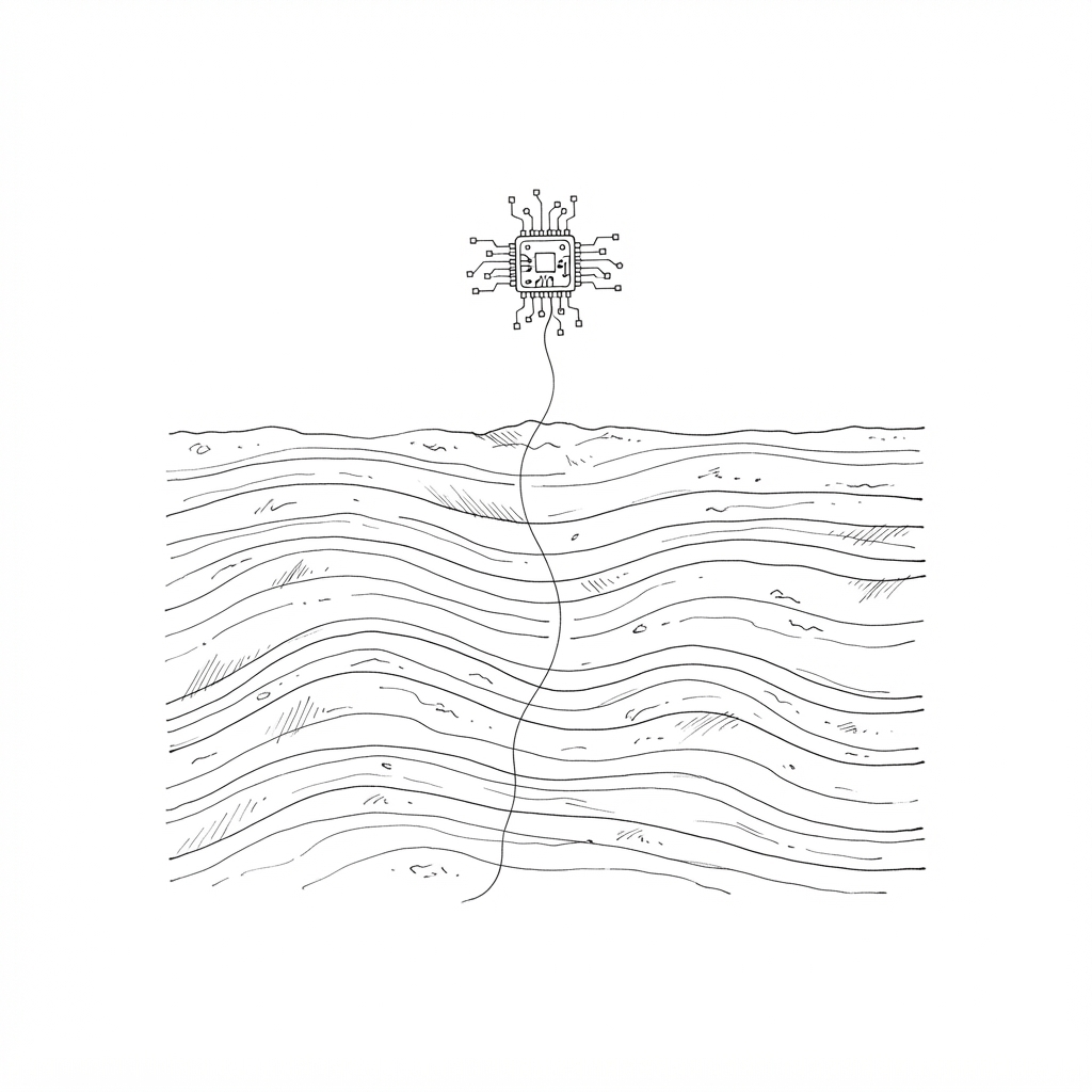 A hand-drawn ink sketch of layered earth strata with a single line rising into a microchip