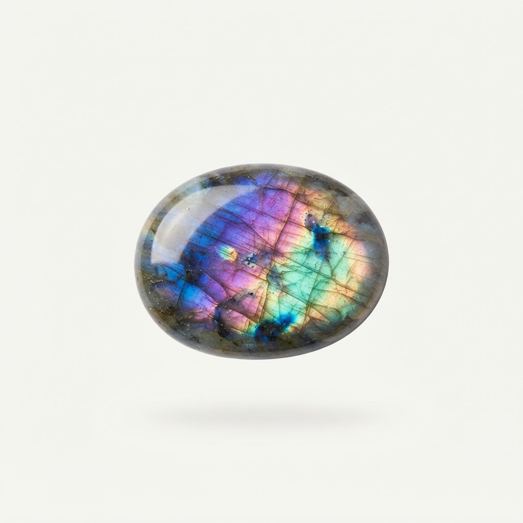 A polished labradorite mineral with a bold iridescent sheen shifting between indigo, violet, magenta, teal, and gold
